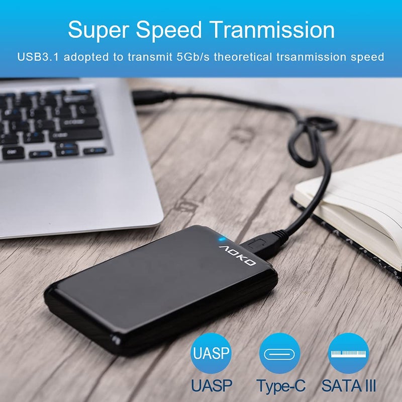 AOKO USB C 3.1 to 2.5-inch 7mm to 15mm SATA Hard Drive Enclosure(UP to 15mm Thick HDD),Tool-Free Portable Hard Drive Case Converter with Dual USB-A to C Y Cable and USB A to C Adapter - Image 4